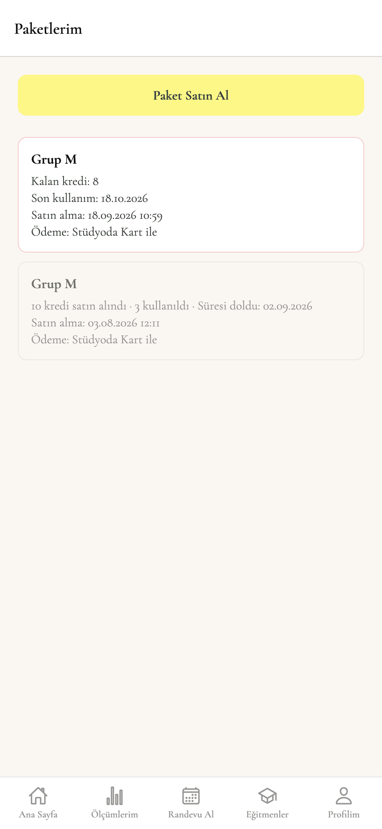 Bal Studio uygulamasında paketlerim ekranı